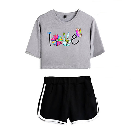 

Women's Basic Streetwear Floral Print Vacation Casual / Daily Two Piece Set Crop Top Tracksuit T shirt Loungewear Shorts Print Tops