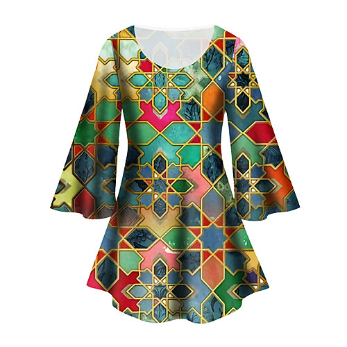 

Women's Plus Size Tops Tunic Graphic Geometry Print 3/4 Length Sleeve Crewneck Basic Blue Big Size XL XXL 3XL 4XL 5XL / Holiday