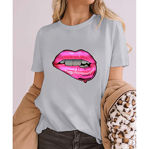 

Women's 3D Printed T shirt Graphic 3D Mouth Print Round Neck Tops 100% Cotton Basic Basic Top Wine Light gray Dark Gray