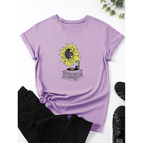 

Women's T shirt Graphic Sunflower Print Round Neck Basic Tops 100% Cotton White Purple Light gray