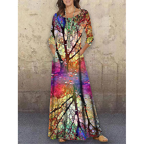 

Women's Shift Dress Maxi long Dress Rainbow 3/4 Length Sleeve Floral Print Print Spring Summer Round Neck Casual Holiday 2021 S M L XL XXL 3XL