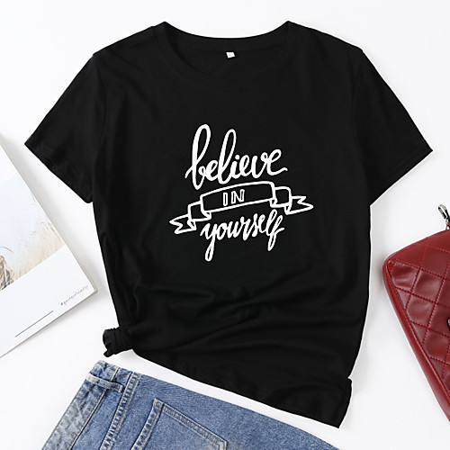 

Women's T shirt Letter Print Round Neck Tops Cotton Basic Basic Top Black Blue Red