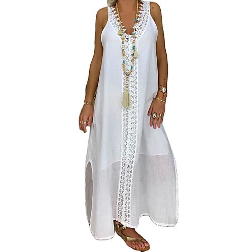 

2020 new cross-border amazon ebay spring and summer hot sale women's plus size long skirt sleeveless lace stitching dress