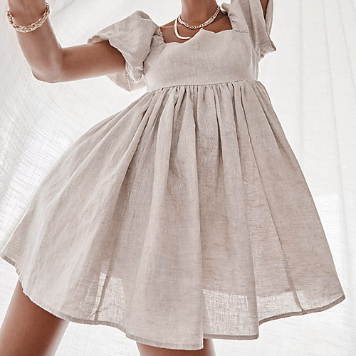 

Women's A Line Dress Short Mini Dress Spot seconds Weight: 311g Composition: 97% cotton 3% hemp Blue khaki Green Short Sleeve Solid Color Smocked Summer Square Neck Casual 2021 S M L
