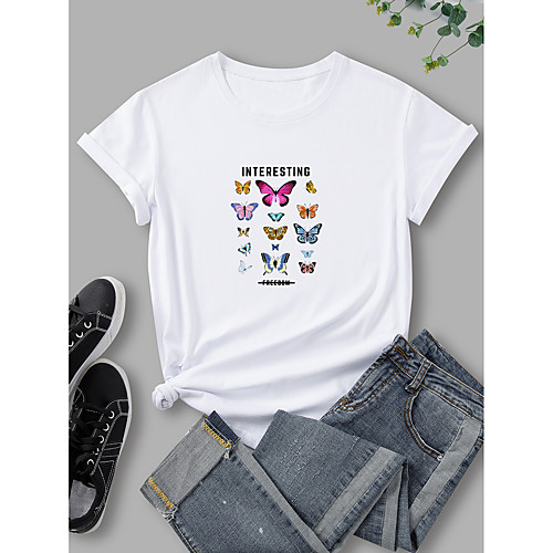 

Women's T shirt Graphic Butterfly Print Round Neck Basic Tops 100% Cotton White Purple Wine