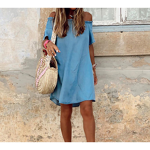 

Women's Shift Dress Short Mini Dress Light Blue Short Sleeve Solid Color Summer Off Shoulder Casual Loose 2021 S M L XL