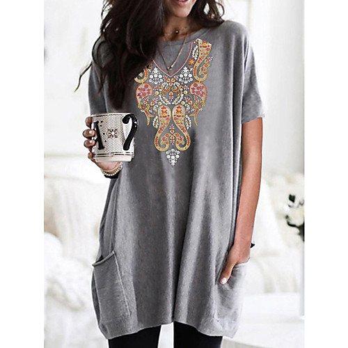 

Women's T shirt Dress Floral Graphic Tribal Round Neck Tops Basic Basic Top Black Wine Army Green