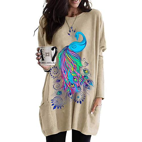 

Women's T shirt Dress Graphic Animal Long Sleeve Pocket Round Neck Tops Basic Basic Top White Black Fuchsia