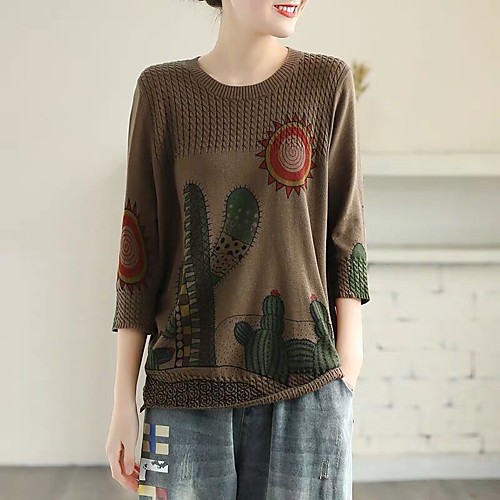 

threaded round neck pullover three-quarter sleeve retro literature and art sweater women spring and summer loose large size cactus print top