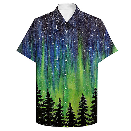 

Men's Shirt 3D Print Tree Starry Sky Plus Size 3D Print Button-Down Short Sleeve Casual Tops Casual Fashion Breathable Comfortable Green / Sports