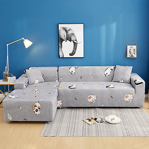 

Cartoon Pet Cat Print Dustproof All-powerful Slipcovers Stretch L Shape Sofa Cover Super Soft Fabric Couch Cover Sofa Furniture Protector with One Free Boster Case