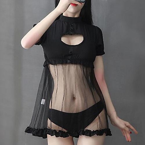 

Women's Mesh Sexy Babydoll & Slips Suits Nightwear Patchwork Black One-Size