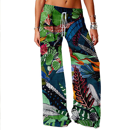 

Women's Basic Soft Comfort Daily Home Wide Leg Pants Plants Flower / Floral Full Length Elastic Drawstring Design Print Yellow Green