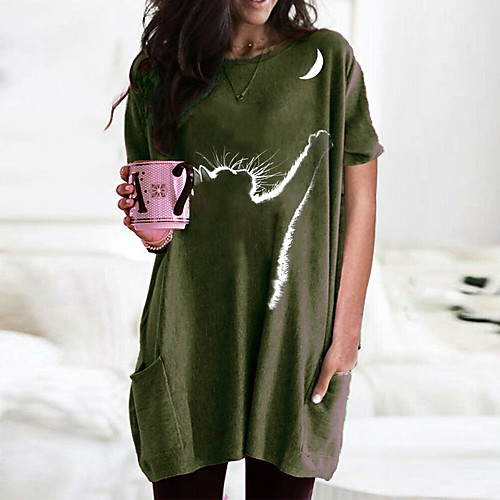 

Women's T shirt Dress Cat Graphic Round Neck Tops Basic Basic Top Black Wine Army Green