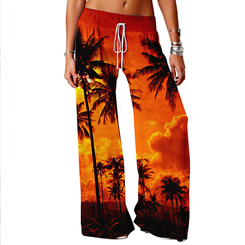 

Women's Basic Soft Comfort Daily Home Wide Leg Pants Plants Tropical Full Length Elastic Drawstring Design Print Purple Orange