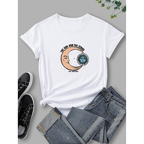 

Women's T shirt Graphic Print Round Neck Basic Tops 100% Cotton White Purple Wine