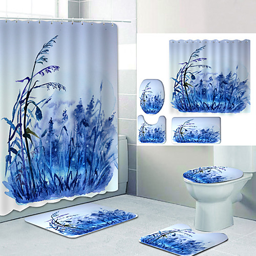 

Ice Blue Lavender Digital Printing Four-piece Set Shower Curtains and Hooks Modern Polyester Machine Made Waterproof Bathroom
