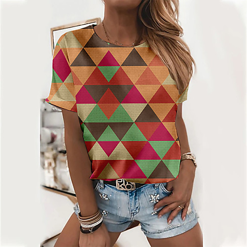 

Women's Geometric T shirt Color Block Geometric Print Round Neck Basic Tops Red