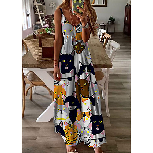 

Women's A Line Dress Maxi long Dress Gray Sleeveless Cat Animal Print Spring Summer V Neck Casual Holiday 2021 S M L XL XXL 3XL