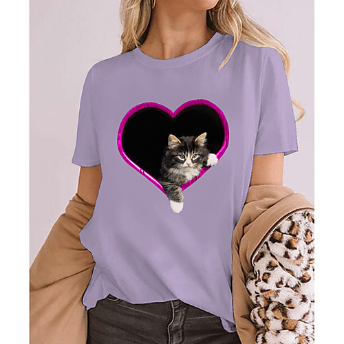 

Women's 3D Cat T shirt Cat Heart 3D Print Round Neck Basic Tops 100% Cotton Purple Red Yellow