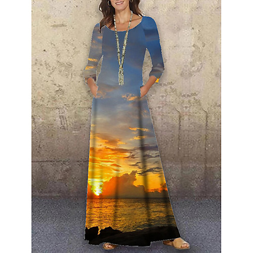 

Women's Shift Dress Maxi long Dress Orange 3/4 Length Sleeve Print Print Spring Summer Round Neck Casual Holiday 2021 S M L XL XXL 3XL