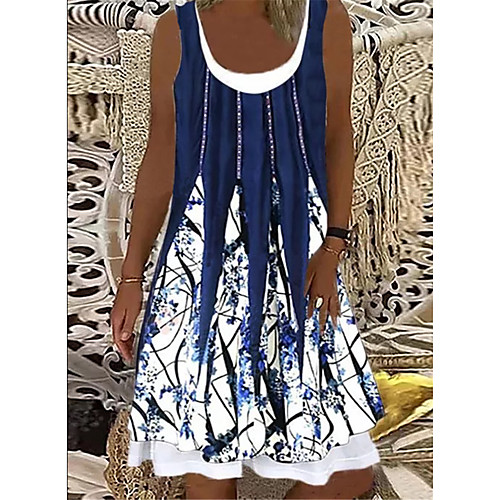 

Women's T Shirt Dress Tee Dress Knee Length Dress Blue and White Black apricot Blue red white Red gray blue Blue Black Sleeveless Floral Color Gradient Abstract Print Spring Summer Round Neck Vintage