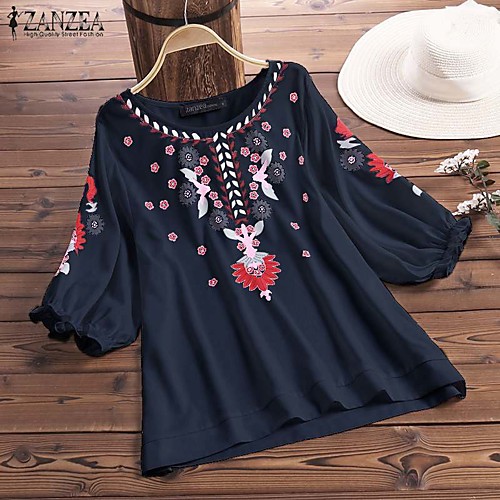 

Women's Plus Size Tops Blouse Shirt Pattern Long Sleeve Round Neck Spring Summer White Dark Blue Big Size L XL XXL 3XL 4XL
