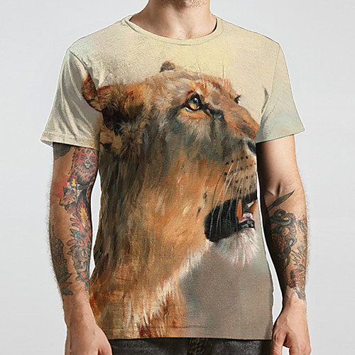 

Men's Unisex Tee T shirt 3D Print Graphic Prints Lion Animal Plus Size Print Short Sleeve Casual Tops Fashion Designer Big and Tall Beige