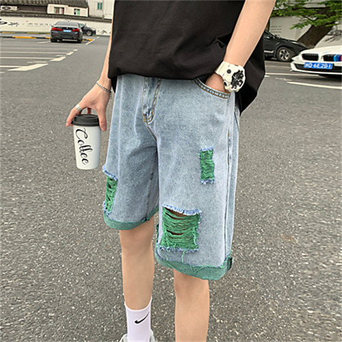 

Men's Shorts Jeans Pants Patchwork Knee Length Orange Green Light Green