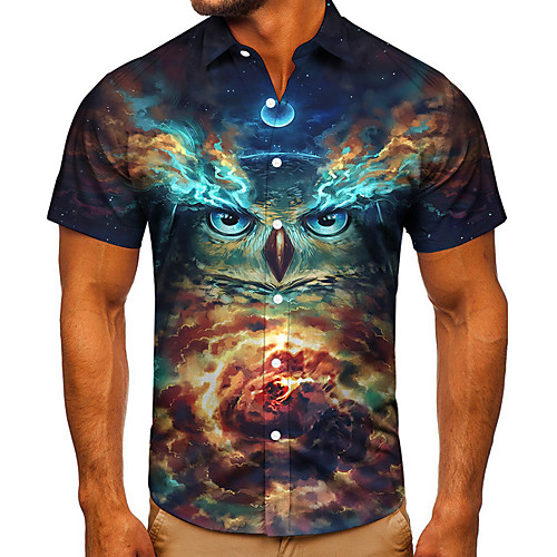 

Men's Shirt 3D Print Graphic Prints Owl Button-Down Short Sleeve Street Tops Casual Fashion Classic Breathable Blue