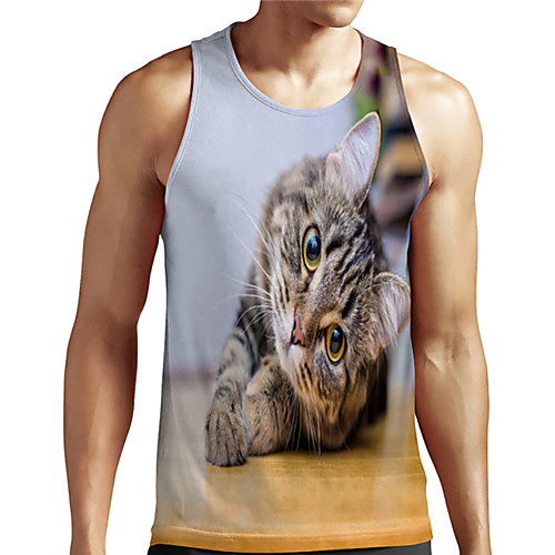 

Men's Unisex Tank Top Undershirt 3D Print Cat Graphic Prints Animal Plus Size Print Sleeveless Casual Tops Basic Designer Big and Tall Light Blue