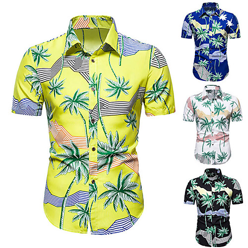

Men's Shirt Coconut Tree Button-Down Short Sleeve Casual Tops Cotton Casual Fashion Hawaiian Breathable White Black Blue