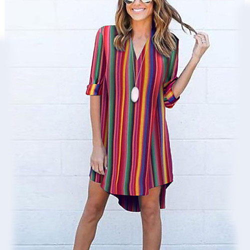 

Women's Shirt Dress Short Mini Dress Red Long Sleeve Stripes Spring Summer Casual / Daily 2021 S M L XL XXL XXXL 4XL 5XL / Plus Size / Plus Size