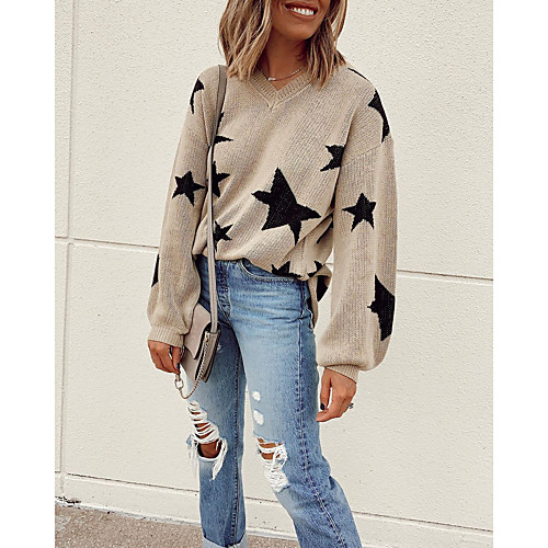 

Women's Pattern Sweater Long Sleeve Sweater Cardigans U Neck khaki