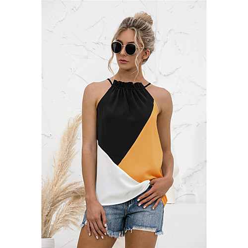 

Women's Camisole Blouse Vest Color Block Halter Neck Basic Streetwear Tops Slim Blue Yellow Blushing Pink