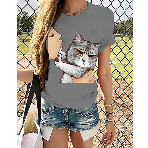 

Women's 3D Cat Painting T shirt Cat 3D Animal Print Round Neck Basic Tops Camel Khaki Light gray