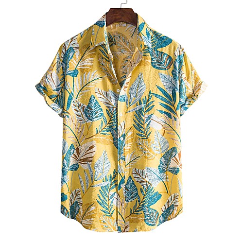 

Men's Shirt Other Prints Graphic Leaves Short Sleeve Daily Tops Casual Yellow