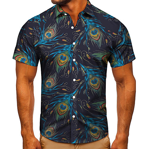 

Men's Shirt 3D Print Graphic Prints Feather Button-Down Short Sleeve Street Tops Casual Fashion Classic Breathable Blue
