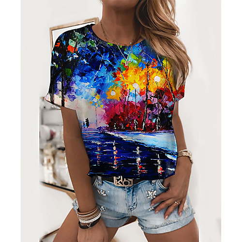 

Women's 3D Printed Painting T shirt Graphic Scenery Print Round Neck Basic Tops Royal Blue
