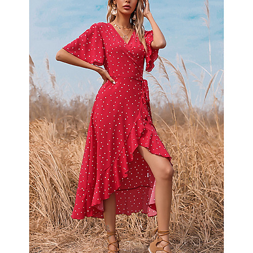 

Women's Sheath Dress Midi Dress Red Half Sleeve Polka Dot Print Print Fall Summer V Neck Casual 2021 S M L XL
