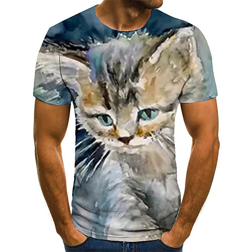 

Men's Unisex Tee T shirt 3D Print Cat Graphic Prints Plus Size Print Short Sleeve Casual Tops Basic Fashion Designer Big and Tall Blue
