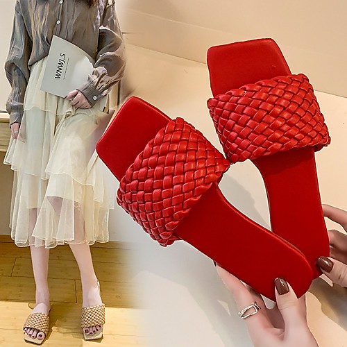 

Women's Sandals Flat Heel Square Toe PU Solid Colored White Black Light Red