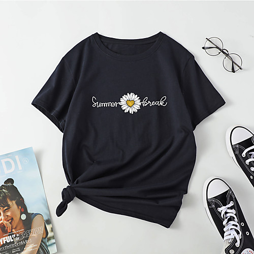 

Women's T shirt Daisy Letter Print Round Neck Tops Cotton Basic Basic Top Black Blue Red