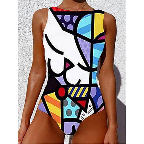 

Women's One Piece Monokini Swimsuit Tummy Control Slim Geometric Abstract White Swimwear Strap Bathing Suits New Casual Sexy / Padded Bras / Beach