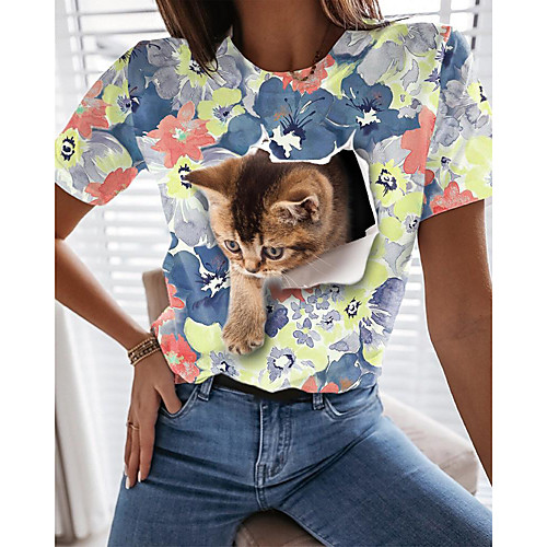 

Women's Floral Theme 3D Cat Painting T shirt Cat 3D Flower Print Round Neck Basic Tops Blue