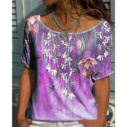 

Women's T shirt Tie Dye Flower Round Neck Tops Basic Basic Top Purple Red Green