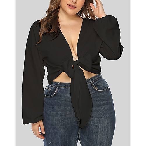 

Women's Plus Size Tops Blouse Plain Lace up Bow Tie Front Long Sleeve V Neck Fashion Fall White Black Red Big Size XL XXL 3XL 4XL