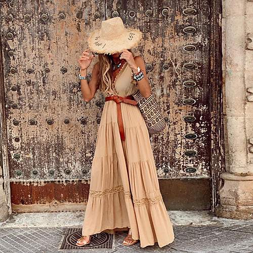 

Women's Swing Dress Maxi long Dress khaki Red Sleeveless Solid Color Spring Summer V Neck Casual / Daily Holiday 2021 S M L XL XXL XXXL