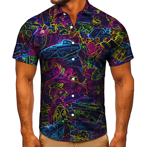 

Men's Shirt 3D Print Cartoon Graphic Prints Button-Down Short Sleeve Street Tops Casual Fashion Classic Breathable Navy Blue