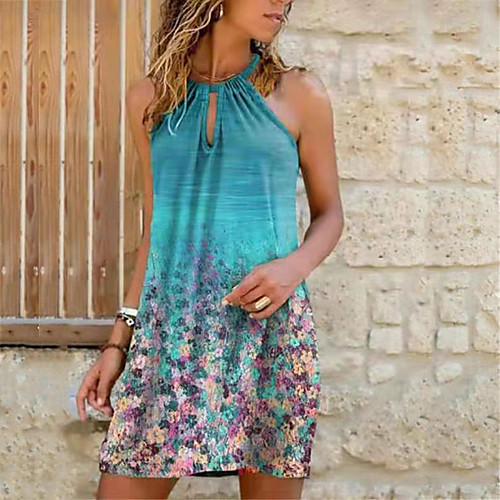 

Women's Strap Dress Knee Length Dress Multicolor_1 Blue Green Black Light Green Sleeveless Floral Geometric Tie Dye Print Summer Halter Neck cold shoulder Vintage 2021 S M L XL XXL 3XL 4XL 5XL